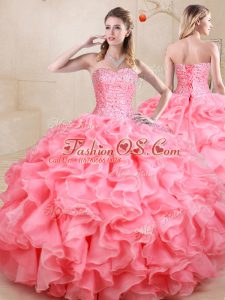 Ball Gowns Ball Gown Prom Dress Watermelon Red Sweetheart Organza Sleeveless Floor Length Lace Up