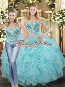 Baby Blue Lace Up Sweetheart Beading and Ruffles Quinceanera Dress Tulle Sleeveless