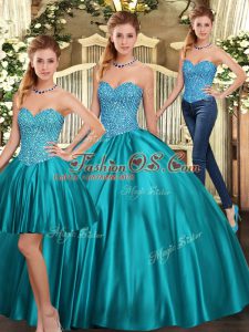 Traditional Sleeveless Floor Length Beading Lace Up Quinceanera Gown with Teal
