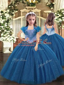 Fashion Blue Ball Gowns Straps Sleeveless Tulle Floor Length Lace Up Beading Child Pageant Dress