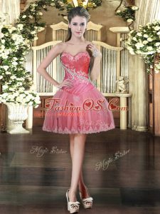 Coral Red Ball Gowns Beading and Appliques Evening Dress Lace Up Tulle Sleeveless Mini Length