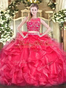 Red Sleeveless Floor Length Beading and Ruffles Zipper Sweet 16 Dress