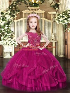 Modern Fuchsia Sleeveless Floor Length Beading and Ruffles Zipper Little Girls Pageant Dress Wholesale