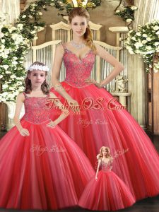 Sleeveless Floor Length Beading Lace Up Sweet 16 Dresses with Coral Red