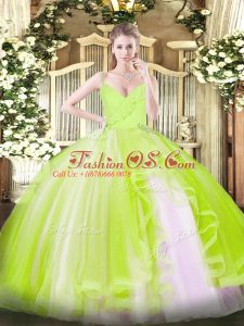 Comfortable Ball Gowns Quinceanera Dress Yellow Green Spaghetti Straps Tulle Sleeveless Floor Length Zipper