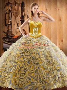 Sleeveless Satin and Fabric With Rolling Flowers With Train Sweep Train Lace Up Sweet 16 Dress in Multi-color with Embroidery