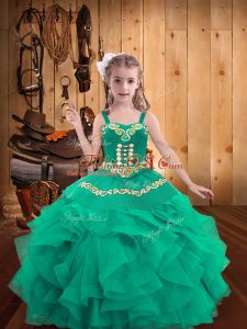Lovely Turquoise Sleeveless Embroidery and Ruffles Floor Length Little Girls Pageant Dress Wholesale
