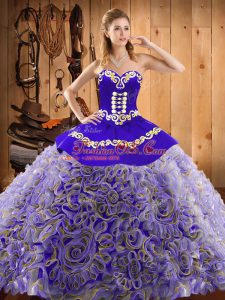 With Train Multi-color Quinceanera Gown Satin and Fabric With Rolling Flowers Sweep Train Sleeveless Embroidery