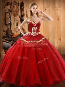 Ideal Red 15 Quinceanera Dress Military Ball and Sweet 16 and Quinceanera with Ruffles Sweetheart Sleeveless Lace Up