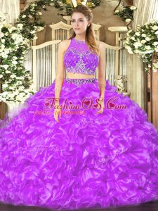Superior Sleeveless Organza Floor Length Zipper Quinceanera Dress in Lilac with Beading and Ruffles