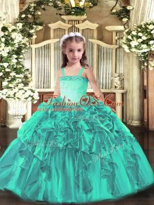 Turquoise Little Girls Pageant Gowns Party and Quinceanera with Appliques and Ruffles Straps Sleeveless Lace Up