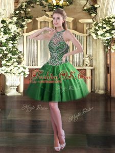 Green Prom Gown Prom and Party with Beading Halter Top Sleeveless Lace Up