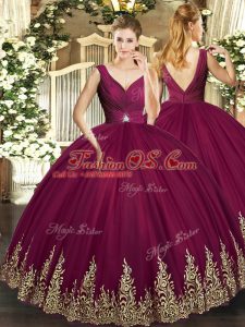 Charming Sleeveless Tulle Floor Length Backless Ball Gown Prom Dress in Burgundy with Beading and Appliques and Ruching