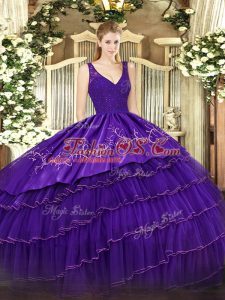 V-neck Sleeveless Vestidos de Quinceanera Floor Length Beading and Embroidery and Ruffled Layers Purple Satin and Tulle