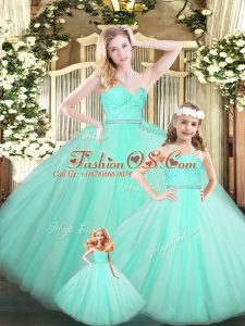 Exquisite Sleeveless Organza Floor Length Lace Up 15th Birthday Dress in Apple Green with Beading and Lace