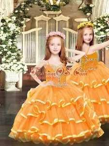 Stylish Orange Ball Gowns Organza Spaghetti Straps Sleeveless Beading and Ruffled Layers Floor Length Lace Up Pageant Dress Toddler