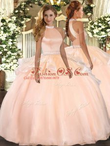 Superior Peach Backless 15 Quinceanera Dress Beading and Ruffles Sleeveless Floor Length