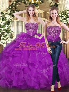 Fantastic Sleeveless Floor Length Beading and Ruffles Lace Up Quince Ball Gowns with Purple