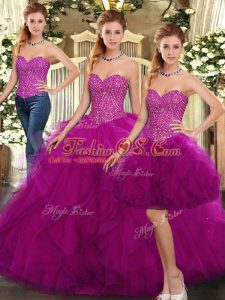 Luxury Fuchsia Lace Up Sweetheart Beading and Ruffles Sweet 16 Dress Organza Sleeveless