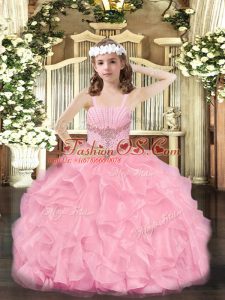 Floor Length Zipper Pageant Gowns For Girls Rose Pink for Party and Quinceanera with Beading and Ruffles
