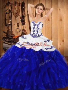 Fashion Blue And White Ball Gowns Embroidery and Ruffles Vestidos de Quinceanera Lace Up Satin and Organza Sleeveless Floor Length