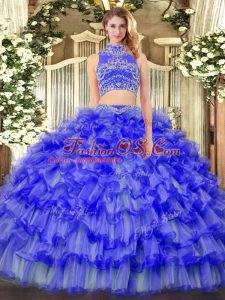 Shining Beading and Ruffled Layers Sweet 16 Quinceanera Dress Blue Backless Sleeveless Floor Length