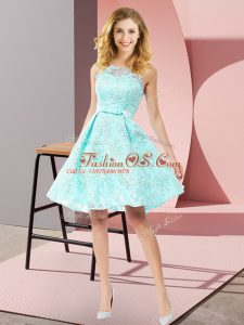 Cheap Sleeveless Lace Knee Length Zipper Bridesmaid Dress in Apple Green with Bowknot