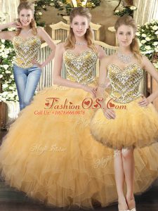 Noble Champagne Lace Up Sweetheart Beading and Ruffles Quinceanera Dresses Tulle Sleeveless
