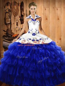 Floor Length Lace Up Ball Gown Prom Dress Royal Blue for Military Ball and Sweet 16 and Quinceanera with Embroidery and Ruffled Layers