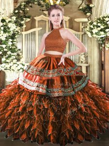 Rust Red Sleeveless Beading and Embroidery and Ruffles Floor Length Vestidos de Quinceanera