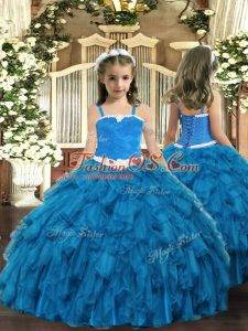 Top Selling Ball Gowns Little Girl Pageant Gowns Blue Straps Organza Sleeveless Floor Length Lace Up