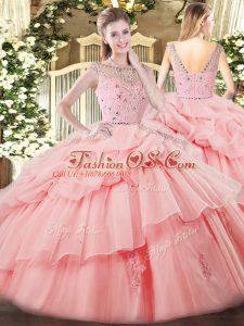 Custom Made Baby Pink Tulle Zipper 15th Birthday Dress Sleeveless Floor Length Beading and Ruffles and Pick Ups