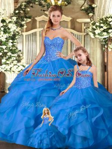 Stunning Blue Ball Gowns Tulle Sweetheart Sleeveless Beading and Ruffles Floor Length Lace Up Quinceanera Gowns