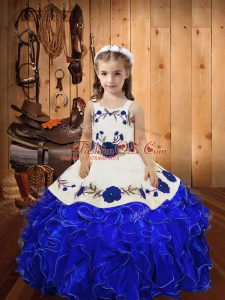 Latest Royal Blue Lace Up Girls Pageant Dresses Embroidery and Ruffles Sleeveless Floor Length