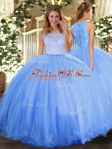Baby Blue Vestidos de Quinceanera Military Ball and Sweet 16 and Quinceanera with Lace Scoop Sleeveless Clasp Handle