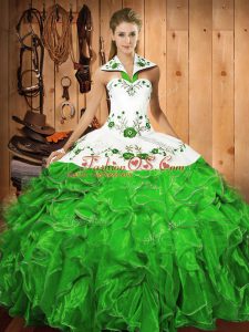 Satin and Organza Halter Top Sleeveless Lace Up Embroidery and Ruffles Sweet 16 Quinceanera Dress in Green