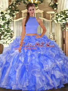 Blue Two Pieces Beading and Ruffles Quinceanera Gowns Backless Organza Sleeveless Floor Length