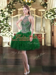 Shining Dark Green Ball Gowns Beading and Ruffles Homecoming Dress Lace Up Tulle Sleeveless Mini Length