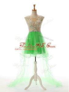 Trendy Green Tulle Backless Prom Evening Gown Sleeveless High Low Appliques
