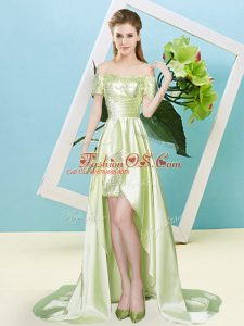 High Low Yellow Green Dress for Prom Off The Shoulder Short Sleeves Lace Up
