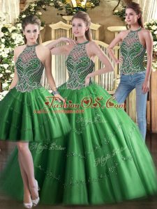 Sexy Green Three Pieces Tulle High-neck Sleeveless Beading Floor Length Lace Up Vestidos de Quinceanera