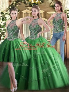 Sexy Green Three Pieces Tulle High-neck Sleeveless Beading Floor Length Lace Up Vestidos de Quinceanera