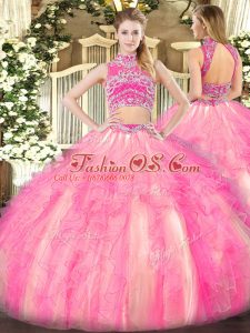 Sweet Watermelon Red and Rose Pink Two Pieces Tulle High-neck Sleeveless Beading and Ruffles Floor Length Backless 15 Quinceanera Dress