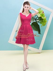 Fantastic Sleeveless Satin Mini Length Zipper Bridesmaid Dresses in Hot Pink with Ruching
