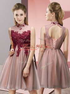 Superior Peach Empire High-neck Sleeveless Tulle Knee Length Lace Up Appliques Quinceanera Court Dresses