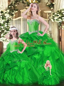 Super Green Ball Gowns Beading and Ruffles Sweet 16 Dress Lace Up Organza Sleeveless Floor Length