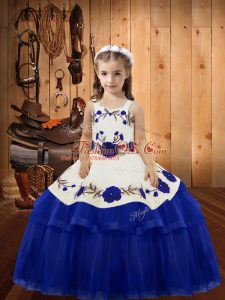 Royal Blue Mermaid Embroidery and Ruffled Layers Kids Pageant Dress Lace Up Organza Sleeveless Floor Length