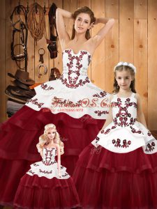 Glamorous Wine Red Lace Up Strapless Embroidery Quinceanera Gown Organza Sleeveless Sweep Train