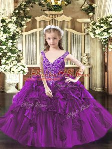 Exquisite V-neck Sleeveless Kids Pageant Dress Floor Length Beading and Ruffles Purple Organza