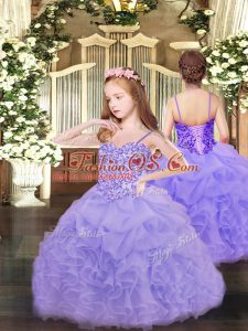 Lavender Sleeveless Appliques and Ruffles and Pick Ups Floor Length Pageant Dress for Teens